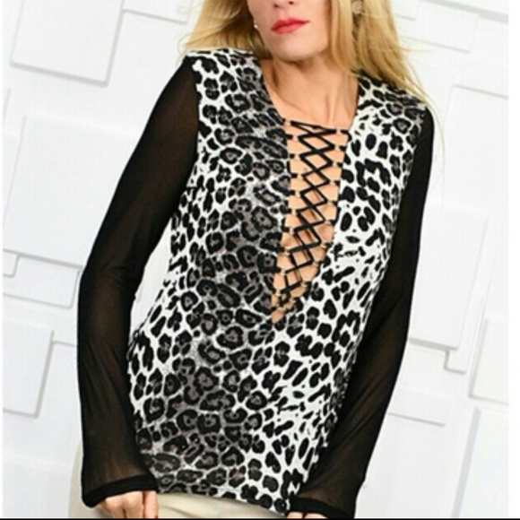 Tops - ANIMAL PRINT LACE UP TOP